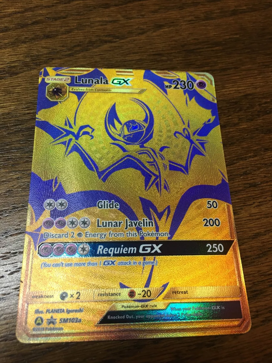 GOLD FULL ART Lunala GX ULTRA RARE Pokemon SM103a Hidden Fates Black Star  Promo