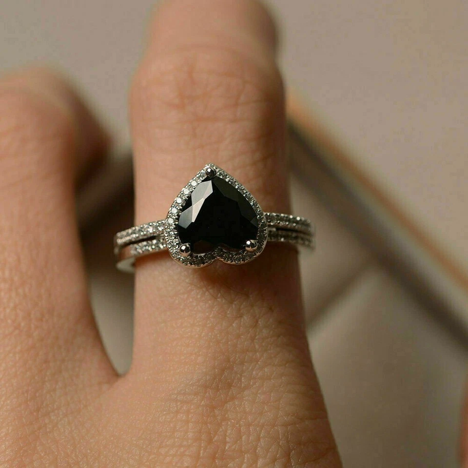 2Ct Heart Cut Simulated Black Diamond Bridal Engagement Ring 14k White Gold Over - Image 3 of 4
