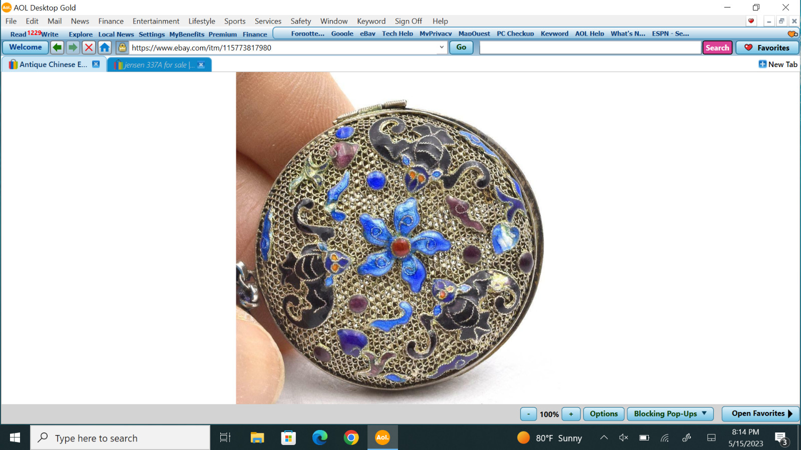 Antique Chinese Export Solid Silver Enamel Blue B… - image 1