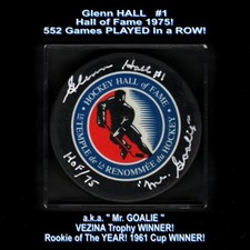 St. Louis BLUES Glenn HALL #1 SIGNED Hall of Fame PUCK w/HOF & Mr G COA V RARE!!