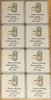 Seltenes offizielles Set mit 8 PG Tips Tee Kaffee Becher Tasse Untersetzer. Quadratisch, nagelneu.