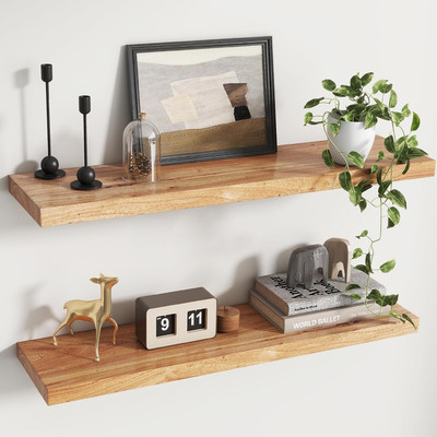 Rustic Elm Wood Floating Shelves for Wall, Flat Edge 36''W X 9.2''D X 1.4''H, Set o