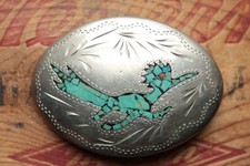 Vintage C L Hand Made Road Runner Bird Turquoise Inlay Western Belt Buckle