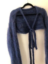 Hand knit handmade mohair bow cardigan shrug tie front cardie blue