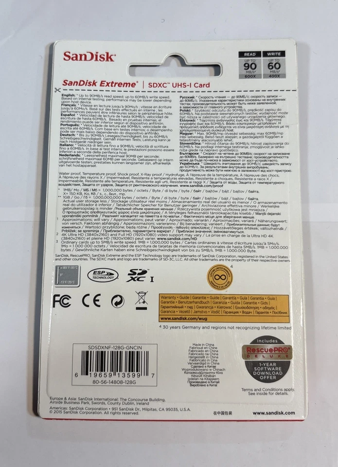 SanDisk Extreme 128GB SDXC UHS-I 90MB/s U3 V30 Class 10 Camera Memory Card - Image 2 of 2