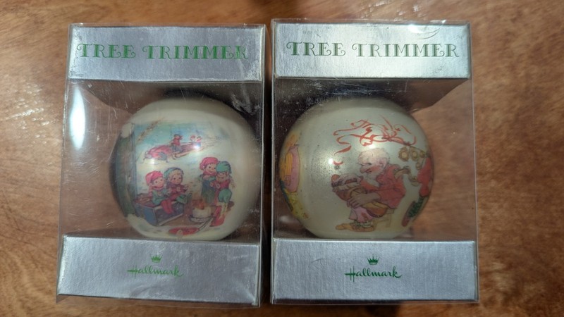 Vintage Christmas Hallmark Tree Trimmer Sue Tague Design Glass Ornament Two Pack