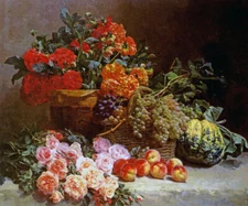 STILL LIFE WITH FRUIT AND FOWERS FRENCH PAINTING BY PIERRE BOURGOGNE REPRO