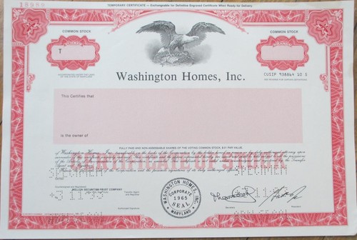 Washington Homes, Inc. 1993 Specimen Stock Certificate US Banknote, Construction