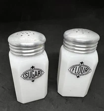 Vintage Hazel Atlas Milk Glass Sugar And Flour Range Shakers Art Deco MCM