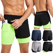 Herren 2 in 1 Sport Shorts Laufshorts Kurze Sporthose Mit Eingebaut Taschen 2XL