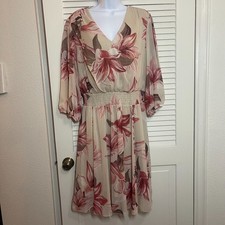 Kate & Lily Floral Chiffon Midi Dress Womens 18W Pink Beige Smocked Waist V-Neck