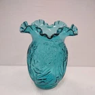 Fenton Vintage Teal Blue Glass 8" Ruffled Daffodil Vase - Excellent Condition