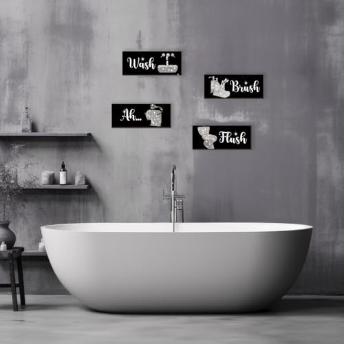 4 Pcs Bathroom Decor Funny And Black Wall Art Wooden 10 X 4 Inch Silver