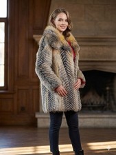 luxurious women's fur coat made of natural gray fox fur, size L