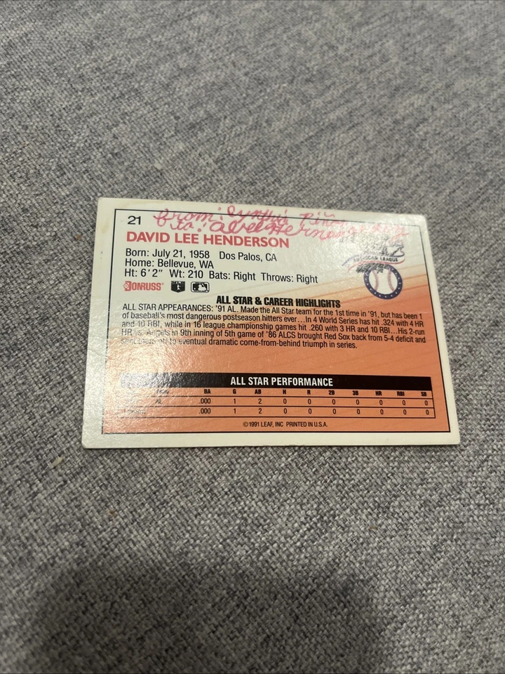 1992 Donruss Dave Henderson Athletics #21 Card Missing “.” After INC ERROR - Image 2 of 3