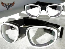 MOTORCYCLE Biker Riding Padded Safety Protective Clear Lens GOGGLES Silver Frame
