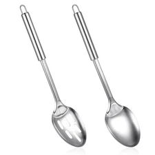 2 Pcs Large Cooking Spoon Set Stainless Steel Kitchen Solid & Slotted Spoon K...
