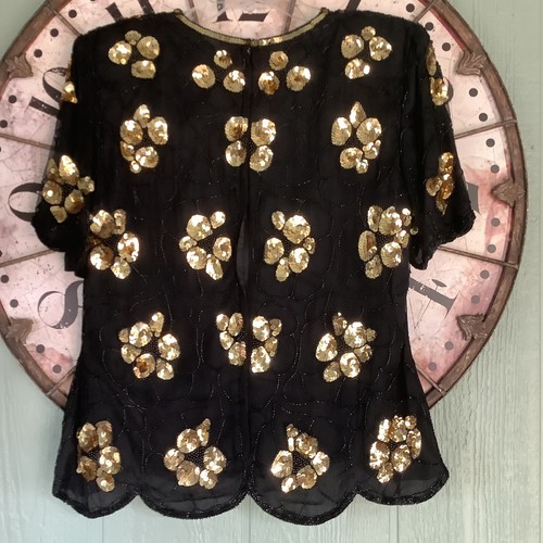 Vintage Scala Size Petite Large Short Sleeve Embellished Black Silk Top - Picture 2 of 7
