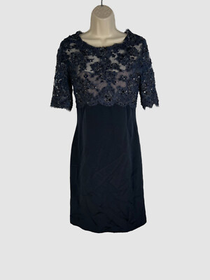 $2295 Reem Acra Women's Blue Silk Beaded Lace Short Sleeve Dress Size 10