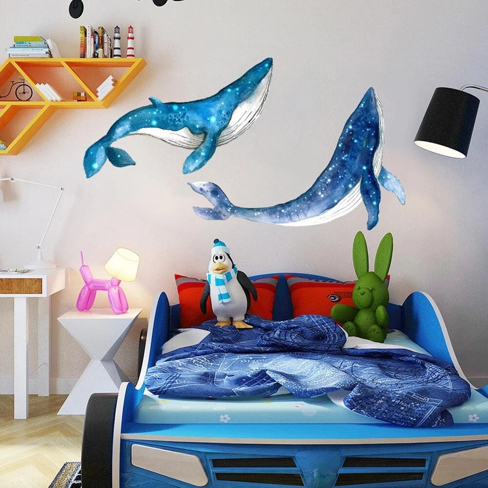 Pegatina de pared 3D calcomanías de animales ballena azul mural de vinilo niños arte dormitorio decoración del hogar Foto 2 de 4