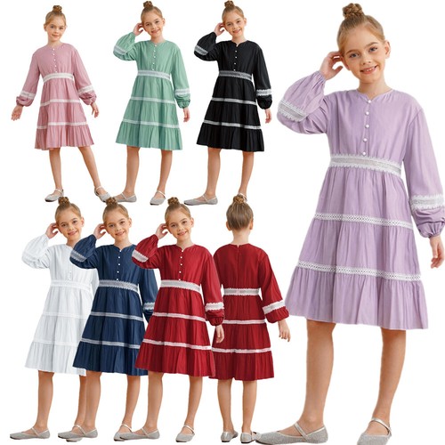 Niñas Conjunto Mangas Largas Vestido Regreso a la Escuela Prendas de abrigo Verano Cuello en V Picnic