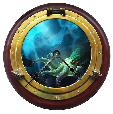 10.5'' Octopus Brass Porthole Wall Clock Underwater Home Wall Decor - 7142_FTLLC