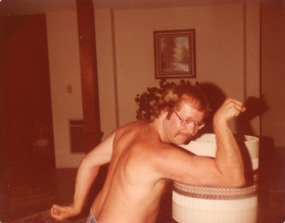 Shirtless Man Flexing Muscles Shirtless Funny Goofy VTG Snapshot Photo 1970s