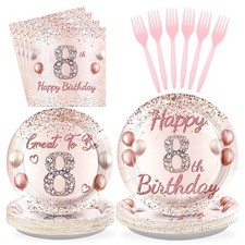 96 PCS 8th Birthday Party Supplies Girls Rose Gold Tableware Set Serves 24
