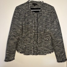 Ann Taylor Navy Blue White Tweed Fringe Trim Blazer Jacket Size 10