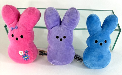 3 Easter Peeps Bunnies Plush Multicolor Two 6'' & One 6 1/2'' Stuffed Rabbits