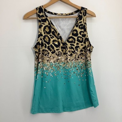 SHEIN kleines ärmelloses Tanktop türkis goldfarben Faux Glitzer Leopardenmuster V-Ausschnitt