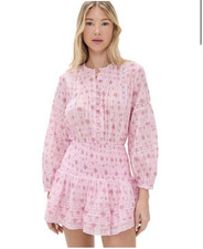 LoveShackFancy Janis Dress Pink Floral Lace Smocked Mini V-Neck 3/4 L