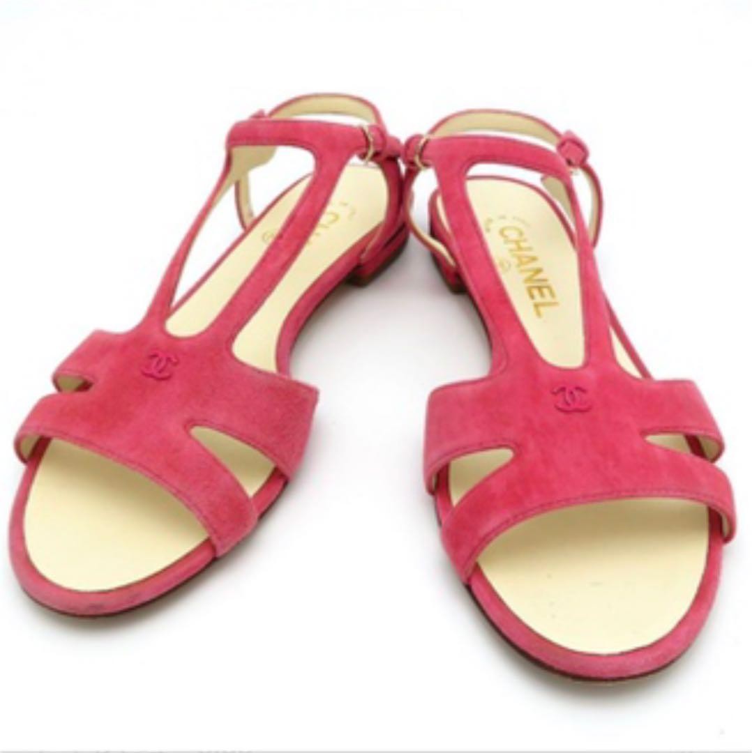 CHANEL Sandals Shoes Cocomark EU 36.5 US 6.5 Suede Pink Authentic