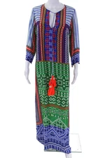 Hemant & Nandita Womens V-Neck Short Sleeves Tassel Multicolor Midi Dress Size S