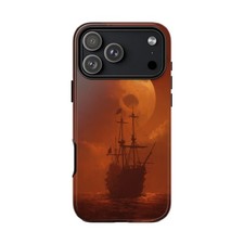 For iPhone / Galaxy / Pixel   Pirate Ship Skull Moon Orange Phone Case