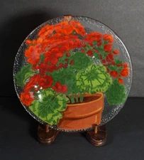 Peggy Karr 8" Geranium Fused Glass Art Plate Floral Design Platter Tray