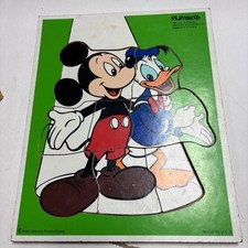 Mickey  Donald Puzzle Vintage Playskool Disney Green Wooden Tray Wood 190-13