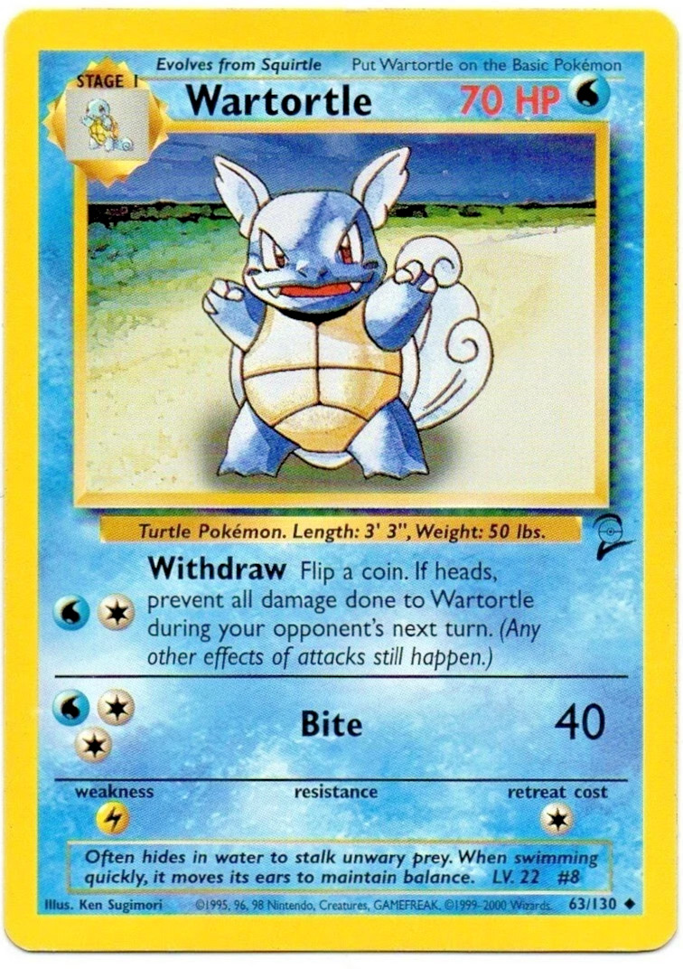Pokemon BASE SET 2 Card 63/130 ~ Wartortle NEAR MINT