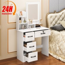 White Vanity Makeup Dressing Table Set w/Stool 4 Drawer Mirror Jewelry Wood Desk