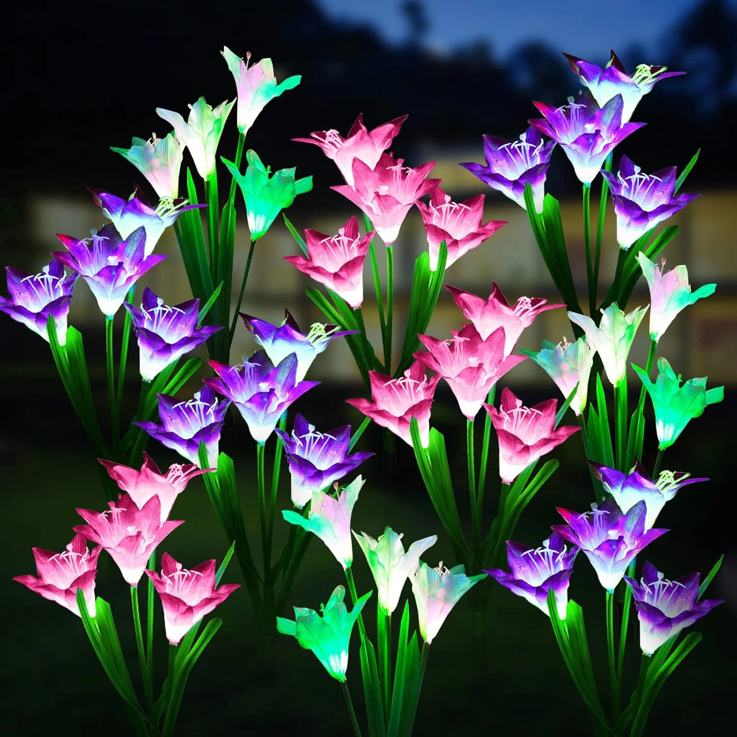 10 Pack Solar Garden Lights with 40 Color-Changing Lily Flowers, Waterproof