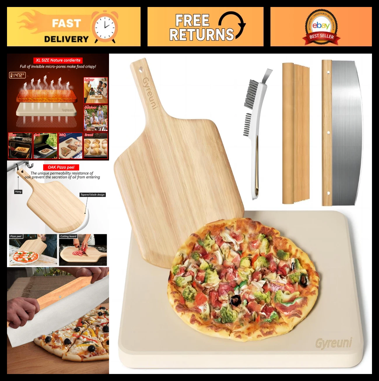 5 PCS Large 16" Rectangle Pizza Stone Set for Oven & Grill + Peel, Cutter, Brush
Opens in a new wind