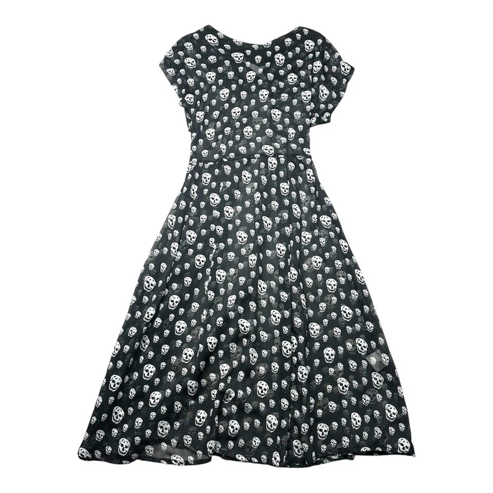 Vestido Bettie Page Negro Línea A Blanco Estampado Calavera Fino Gasa Talla Pequeña Foto 2 de 4