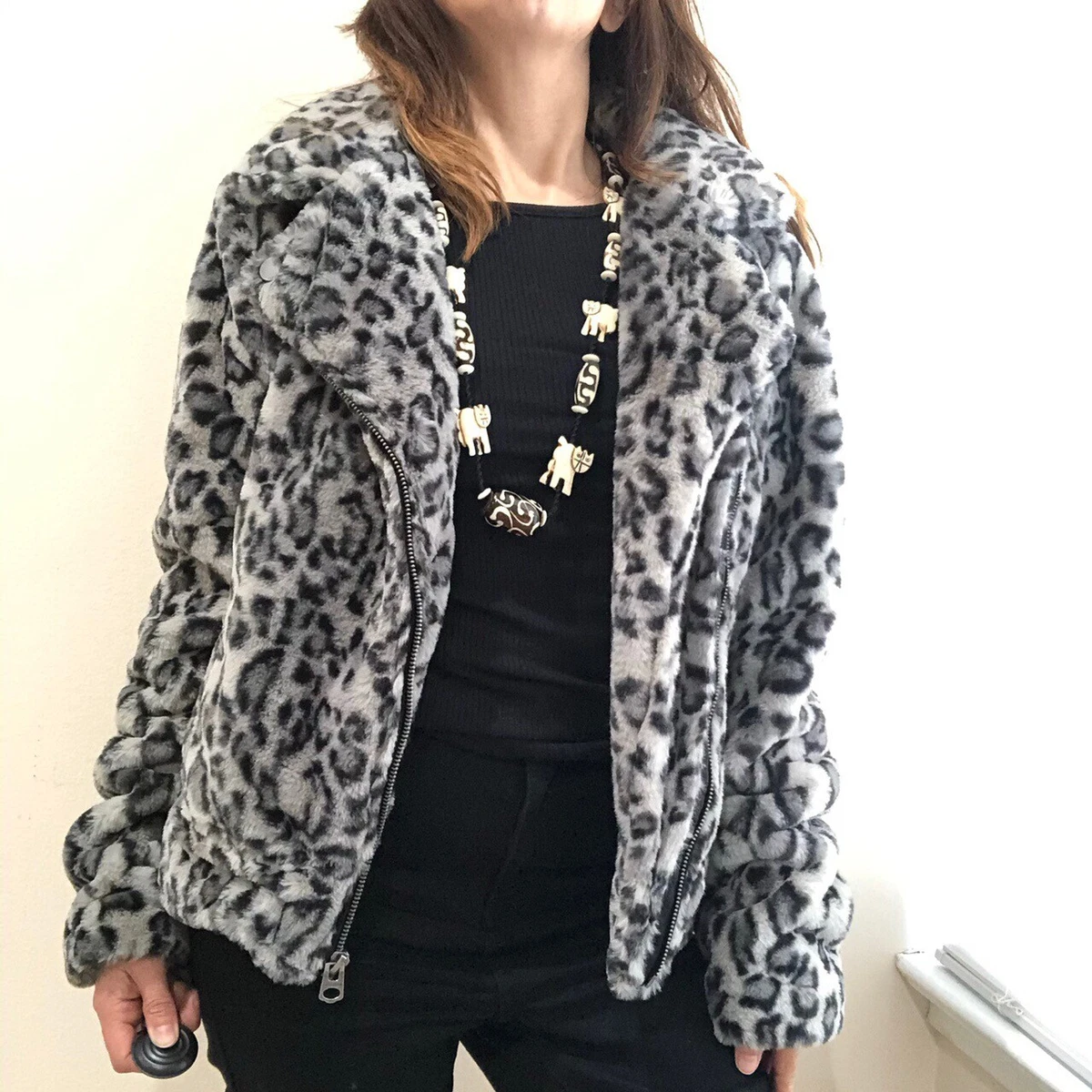 Lucky Brand Leopard Grey Print Faux Fur Jacket Animal Print