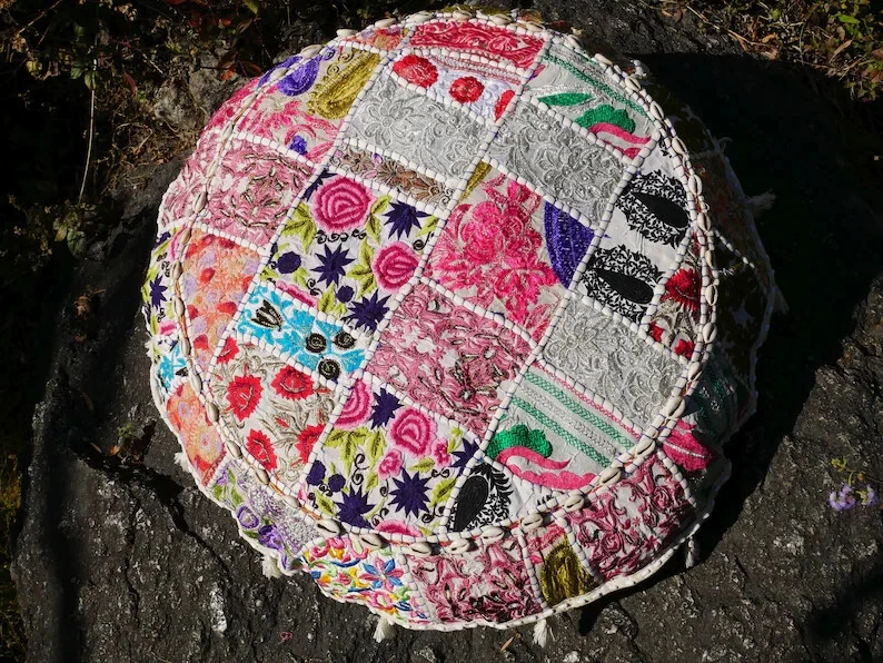 Patchwork 22" Round Cushion Pillow Cover Handmade Vintage Ethnic Boho Decorative - Image 3 of 4