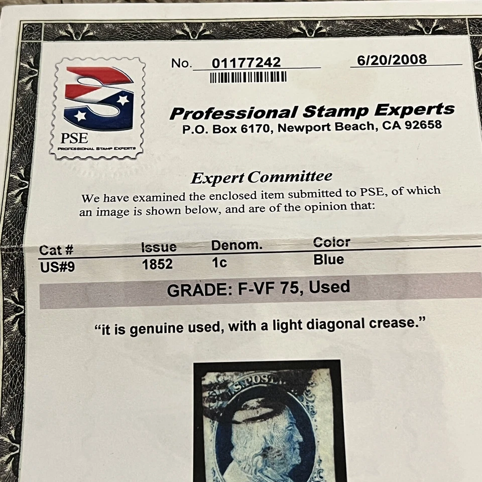 RARE 1852 U.S. 1C STAMP #9 F-VF 75 GRADED WITH PAPERWORK - Image 4 of 4