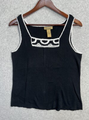 Peck & Peck Weekend Sz M Crochet Knit Tank Top Shirt Black White 100% Cotton