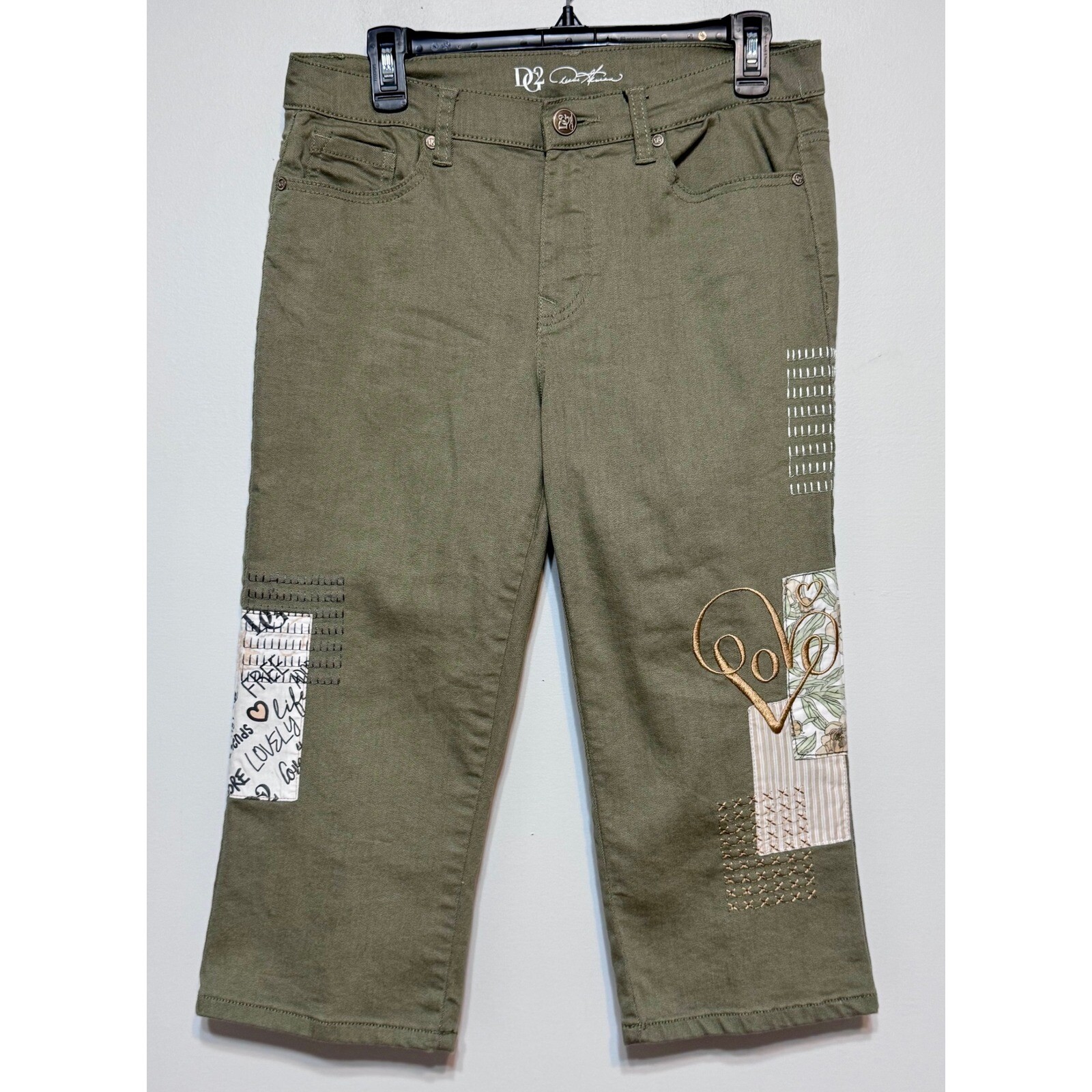 Boho Chic Olive Capri Patchwork Pants Size 10P Co… - image 1