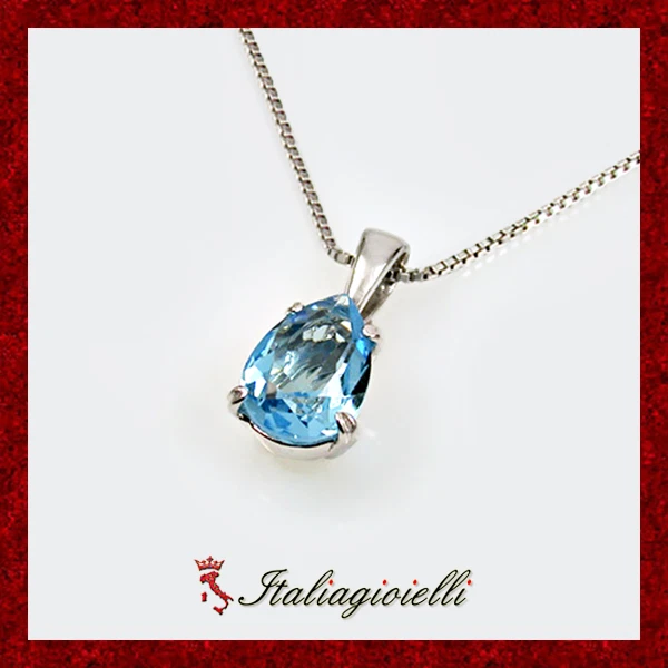 Collana Goccia Brillante con Acquamarina in Argento 925 Rodiato Oro Bianco - Immagine 3 di 4
