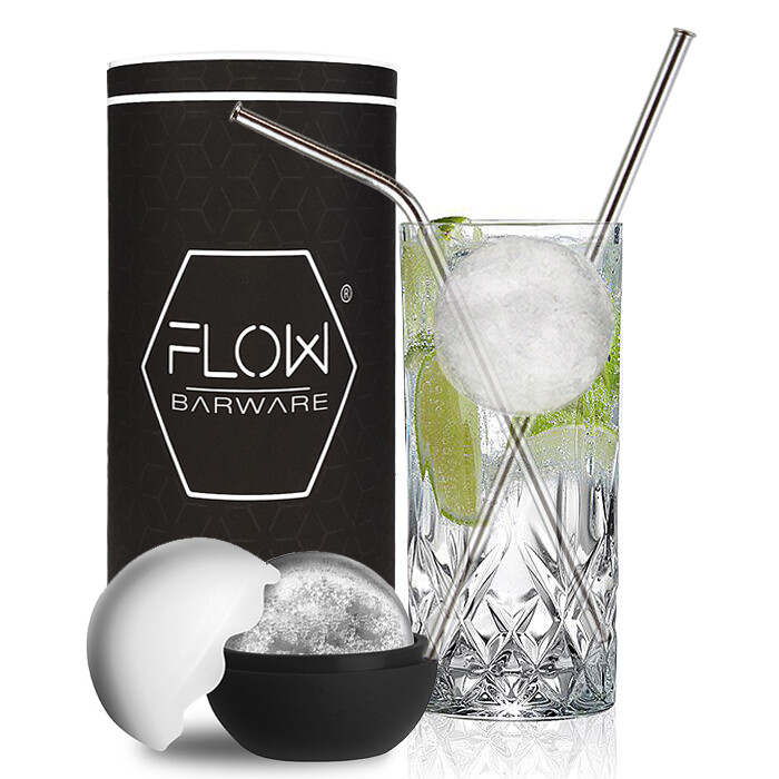 Highball Glass, Metal Straws & XL Ice Ball Mould Gin & Tonic Vodka Mixer Glass
