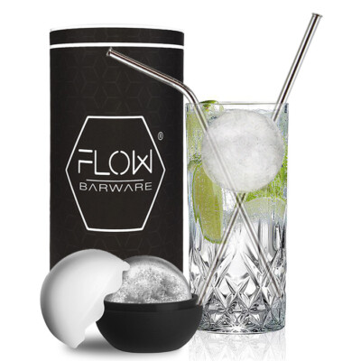 Longdrinkglas, Metall Strohhalme & XL Eiskugelform Gin & Tonic Wodka Mixer Glas